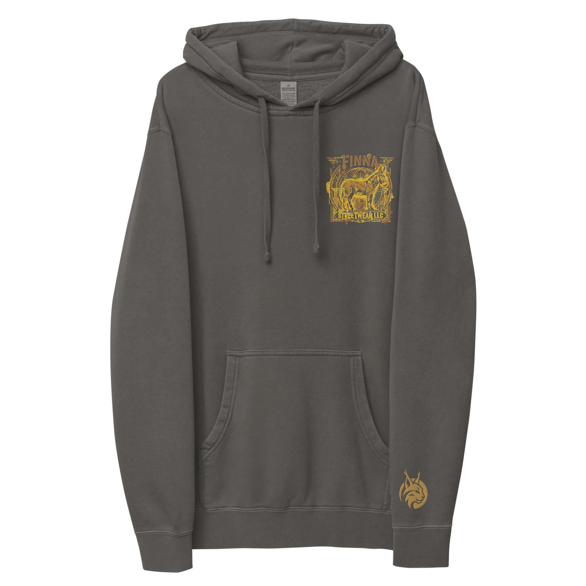 LynxDonkey Unisex pigment-dyed hoodie in vintage grey with unique design and front pocket.