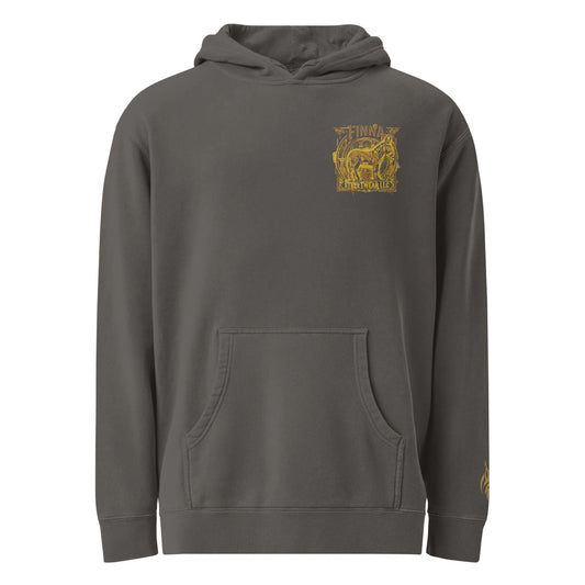 LynxDonkey Unisex pigment-dyed hoodie in dark gray with front pocket and graphic design.