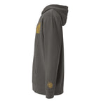 LynxDonkey Unisex pigment-dyed hoodie in gray with unique vintage design, featuring side view showing hoodie and pocket.