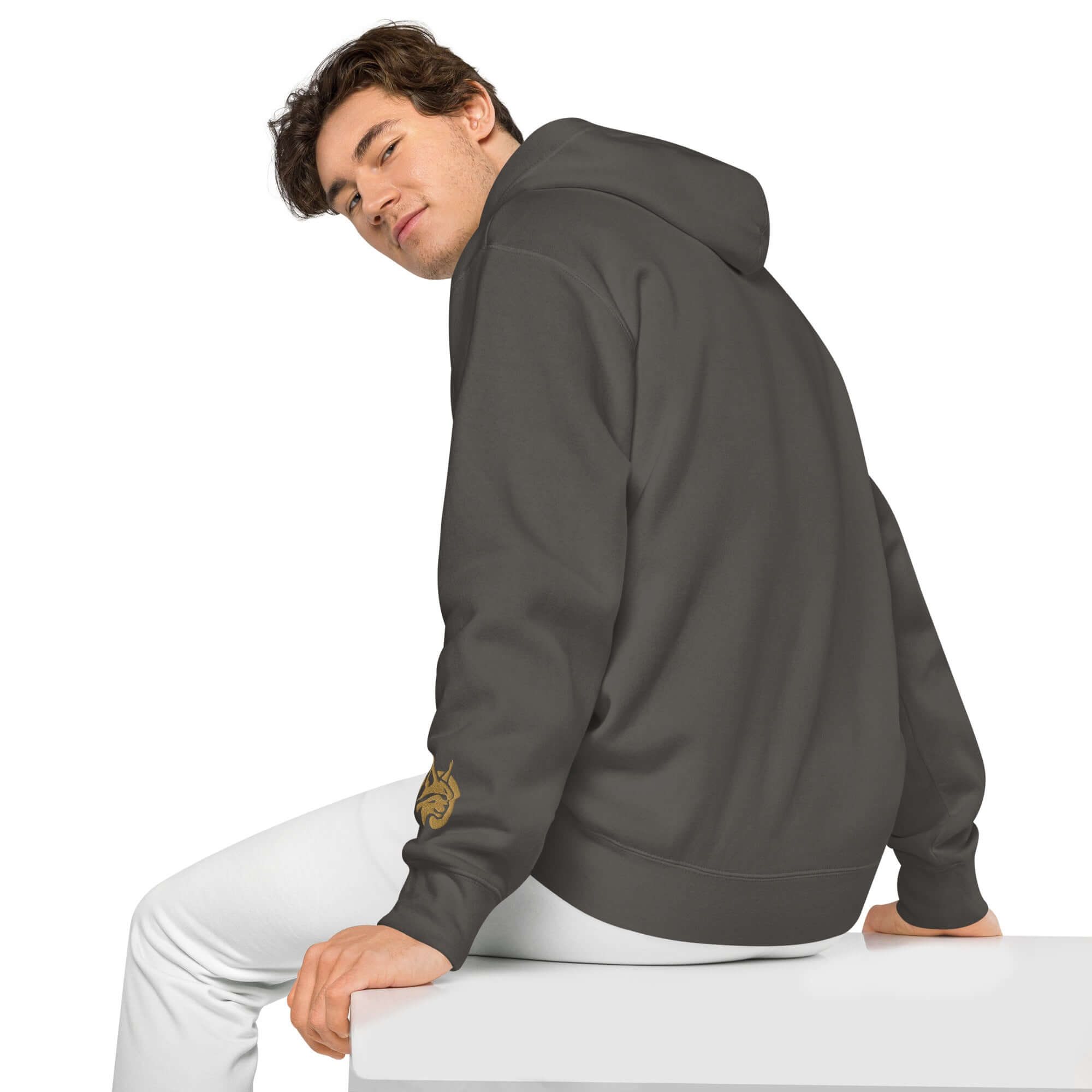 Model wearing LynxDonkey Unisex pigment-dyed hoodie from the back, showcasing its unique vintage design.