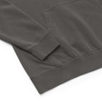 LynxDonkey Unisex pigment-dyed hoodie showcasing the soft fabric and pocket detail in a unique gray shade.