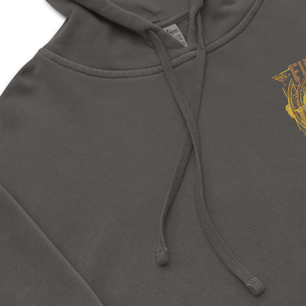LynxDonkey Unisex pigment-dyed hoodie showing detail of the fabric and drawstrings in a dark gray color.