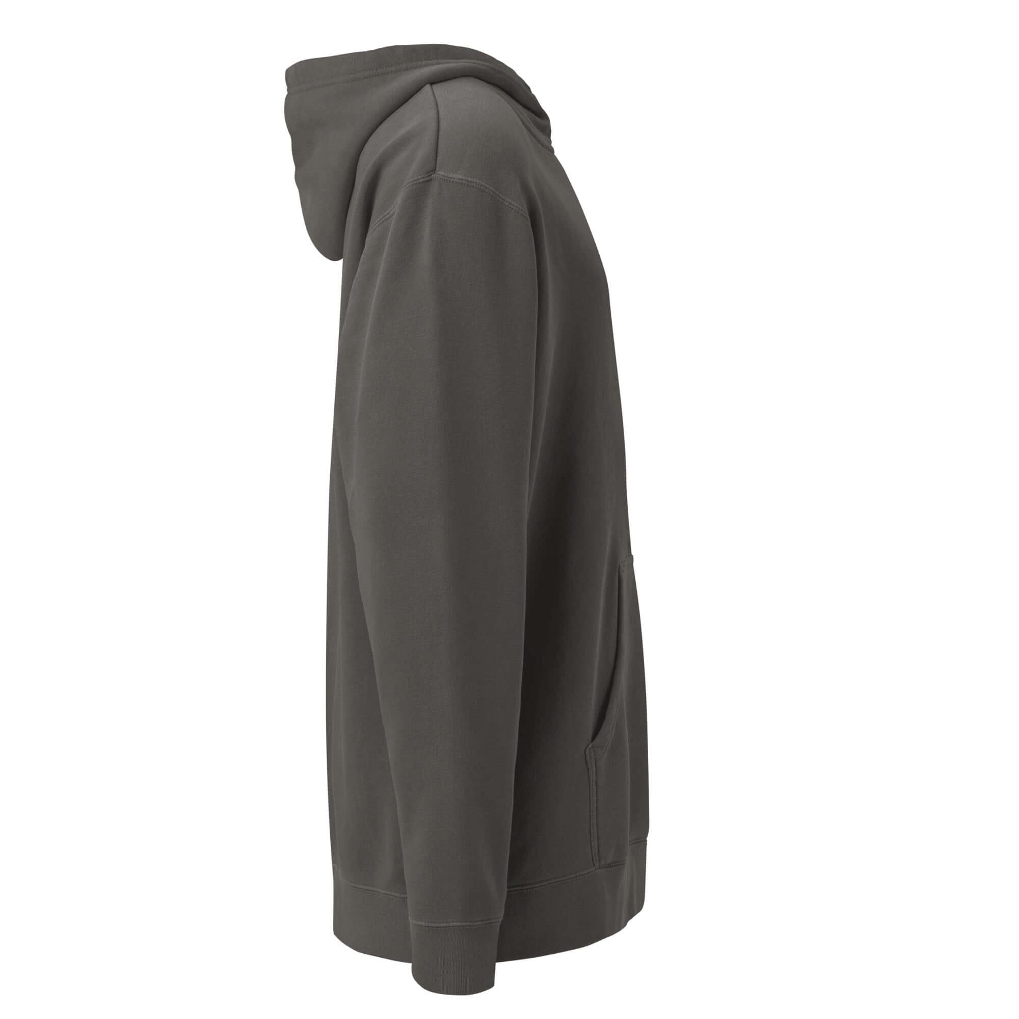 LynxDonkey Unisex pigment-dyed hoodie shown from the side, featuring a stylish design and comfortable fabric.