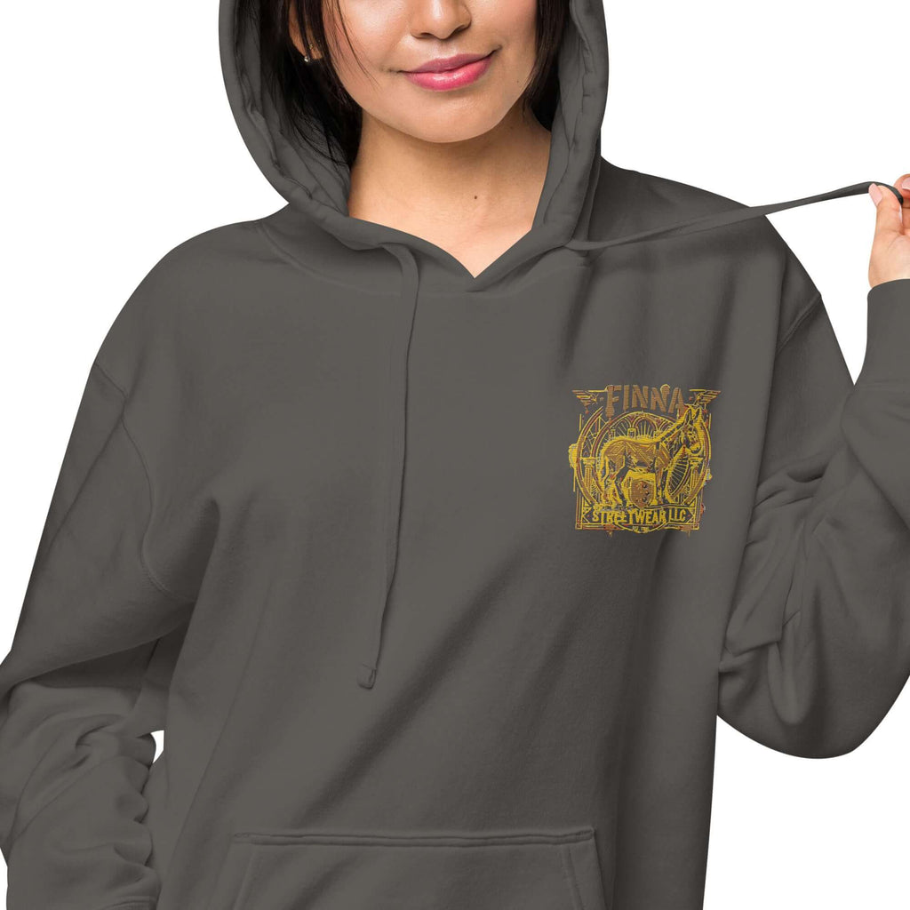 LynxDonkey Unisex pigment-dyed hoodie in dark gray with unique vintage design.