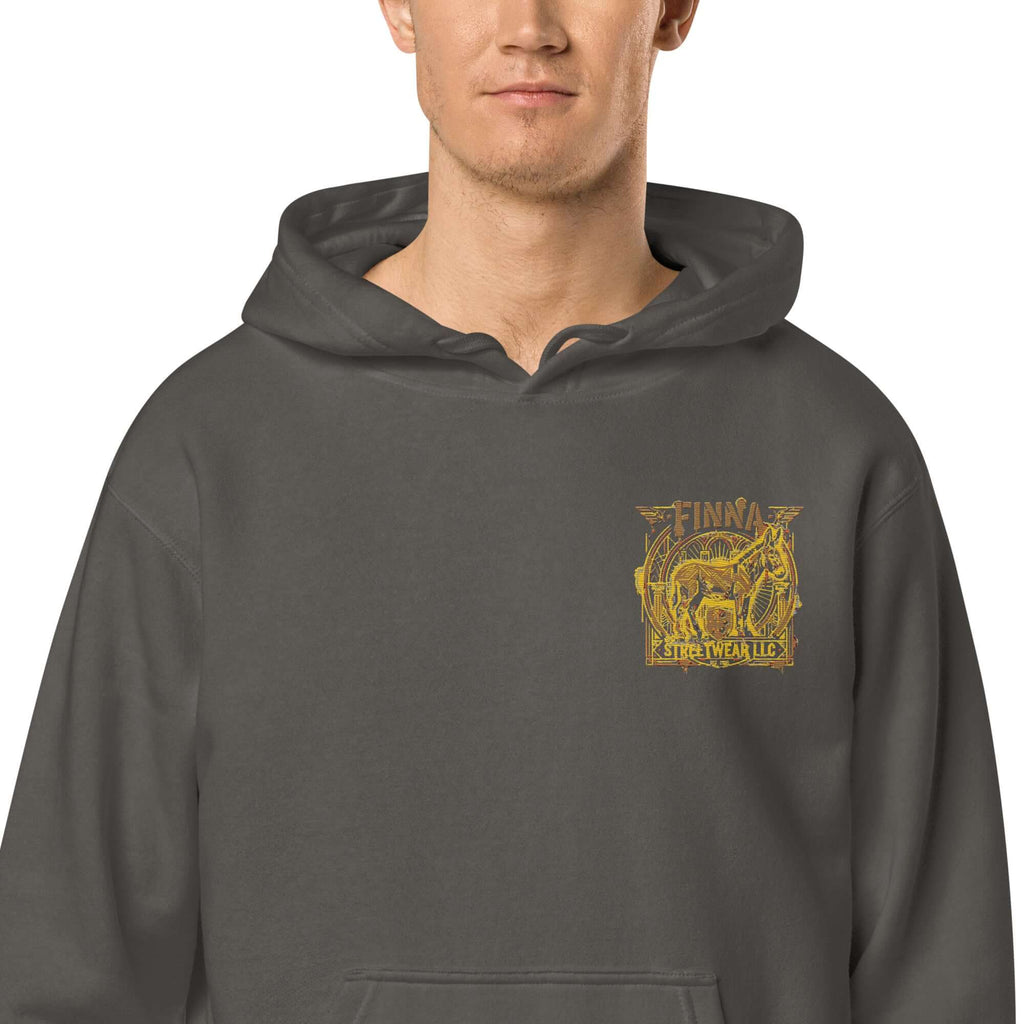 LynxDonkey Unisex pigment-dyed hoodie in dark gray with a unique vintage design.