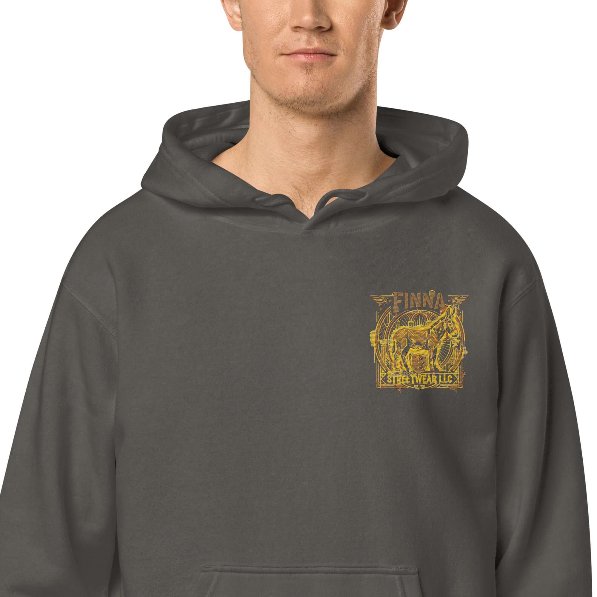 LynxDonkey Unisex pigment-dyed hoodie in dark gray with a unique vintage design.